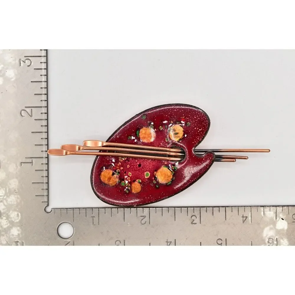 Matisse Renoir Palette Brooch Pin Copper Red Enamel Vintage Signed 1950s BinBG